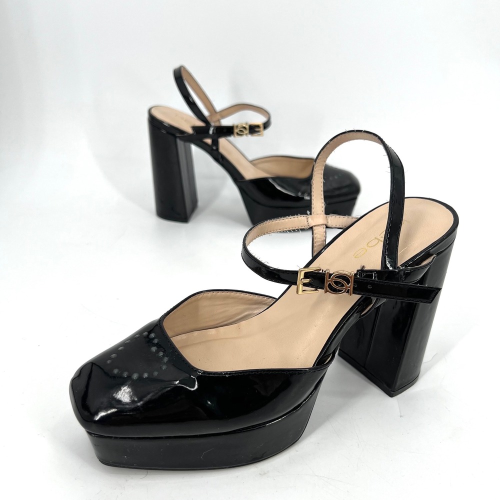 Bebe Janysa Platform Heels Strappy Black Patent Leather Size 7.5 DIY Heart